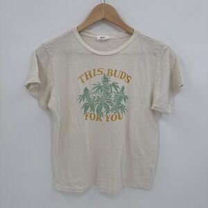 Re/Done Womens Cream "This Buds For You" Cotton T-Shirt Size Small Retro Logo